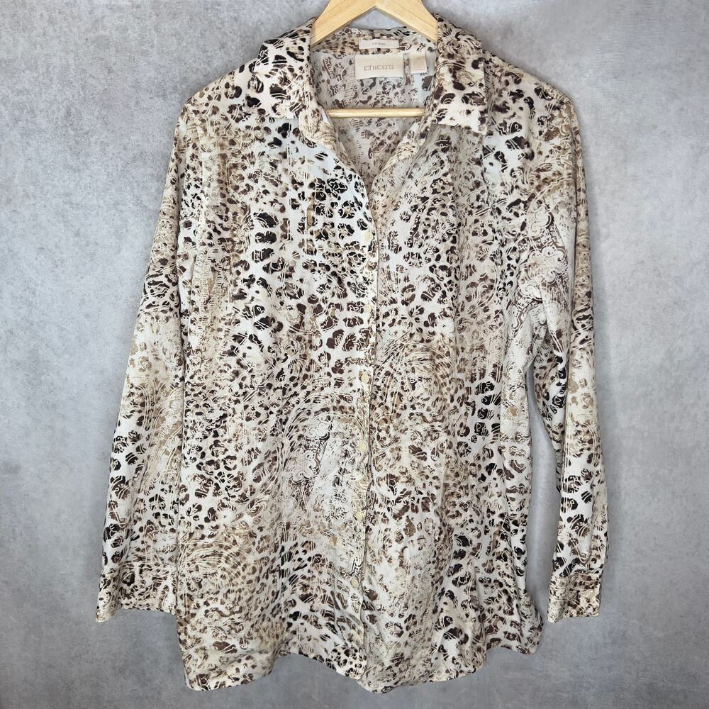 Chicos Animal Print No Iron Button Down Shirt Size XL